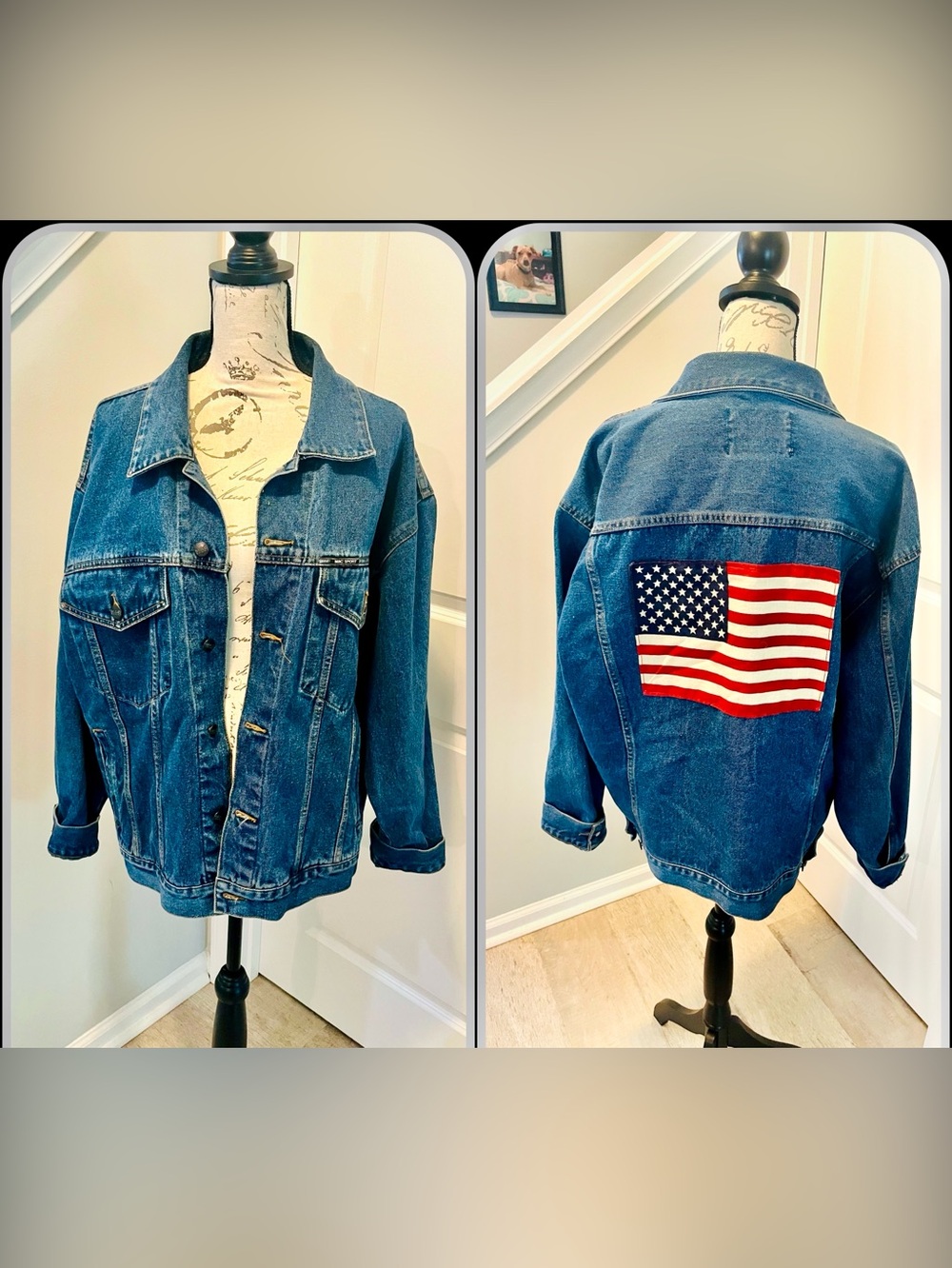 Vtg 80s 90s Tasha Polizzi USA Flag Denim Jacket Americana L